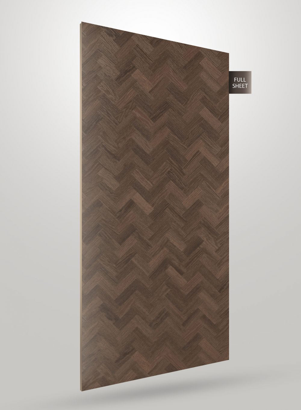 Brown herringbone patterned laminate sheet with matte finish and visible texture, labeled full sheet.