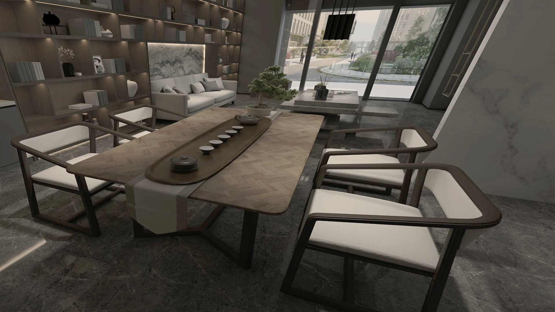 Brown patterned laminate used in modern dining room with wooden table and chairs, showcasing matte finish and textured
