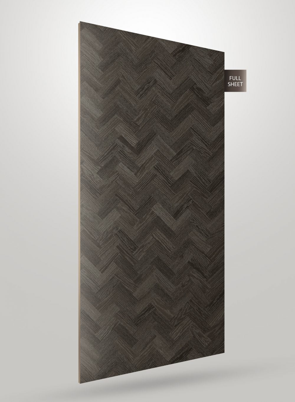 Dark grey herringbone patterned laminate sheet with matte finish and visible texture, displayed as full sheet.