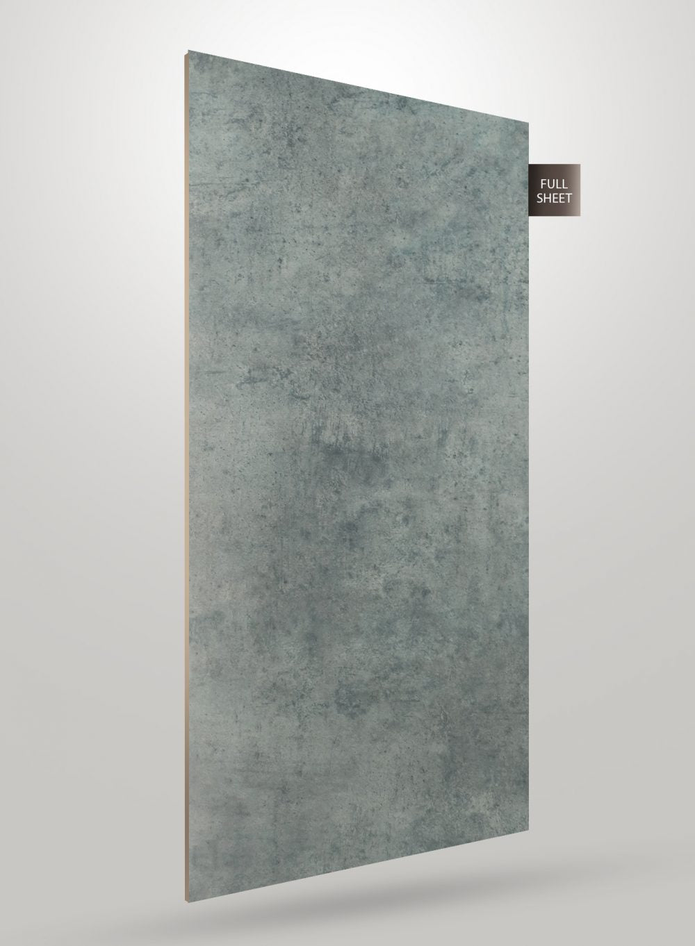 Grey matte stone laminate sheet with textured finish and subtle pattern, displayed at an angle with visible edge.