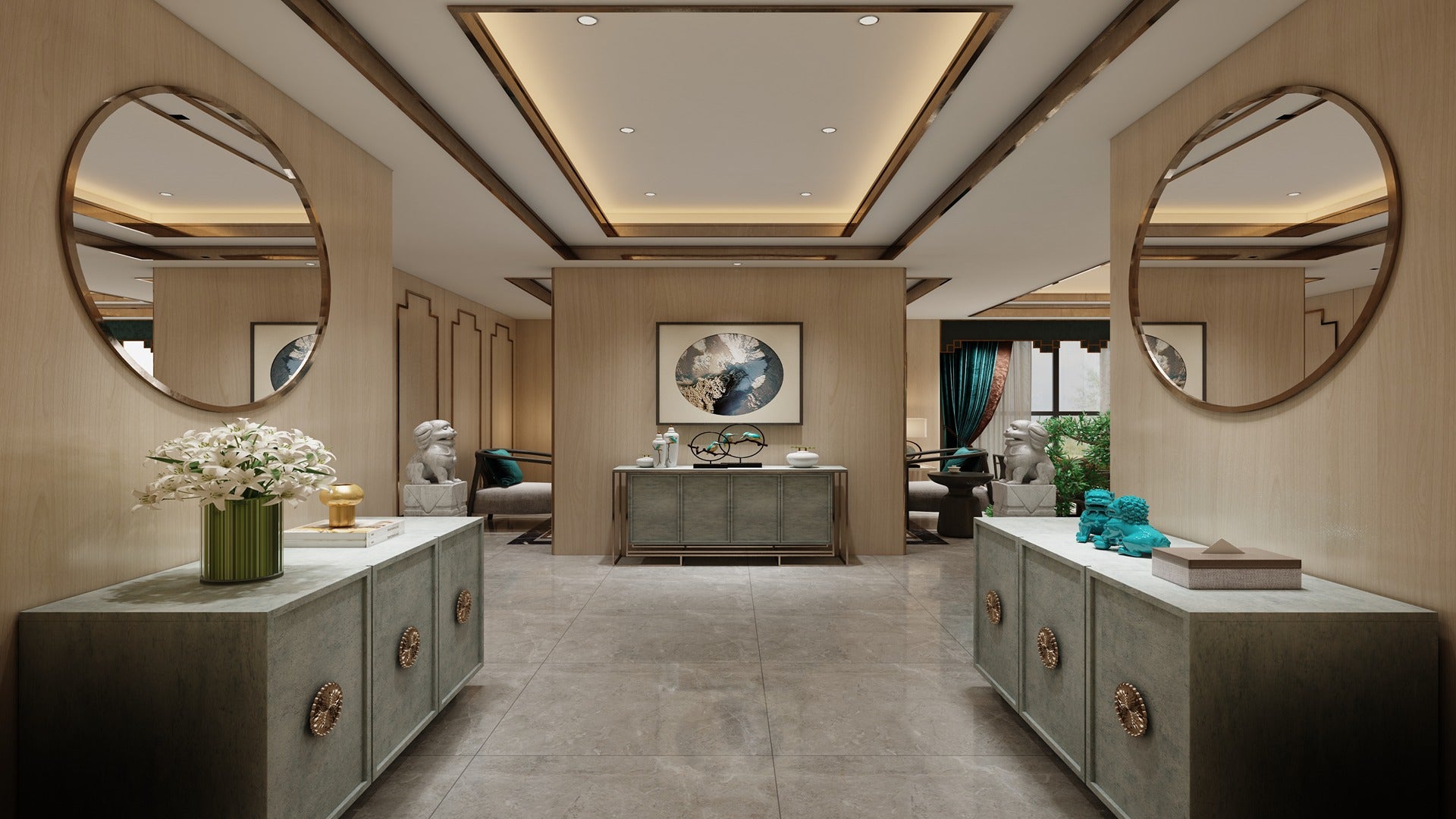 Grey marble laminate interior design with matte finish, used in modern room with decorative furniture and circular mirrors.