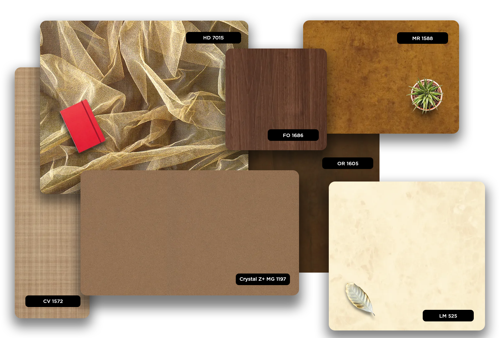 Brown matte laminate with marble texture and code MR 1588 displayed alongside various other laminate samples and decorative