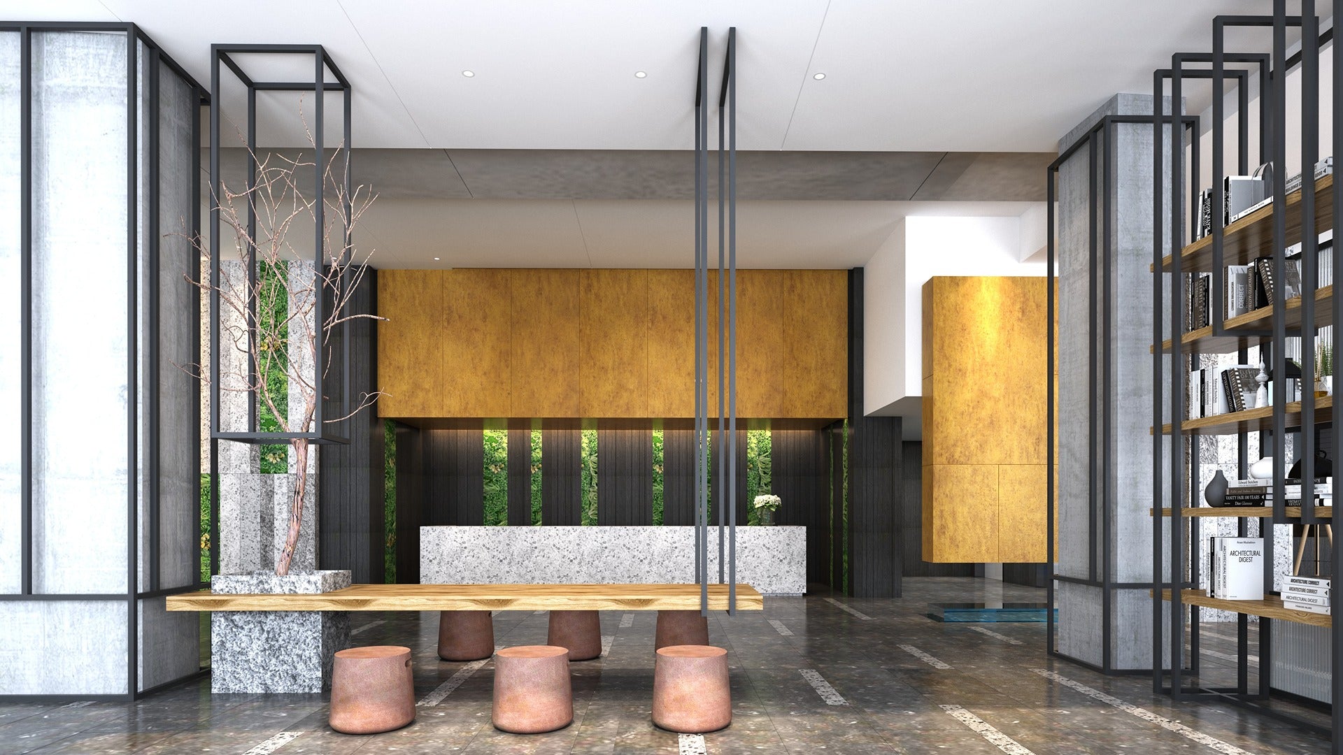 Brown marble laminate with matte finish used on wall in modern interior design with wooden furniture and decor elements