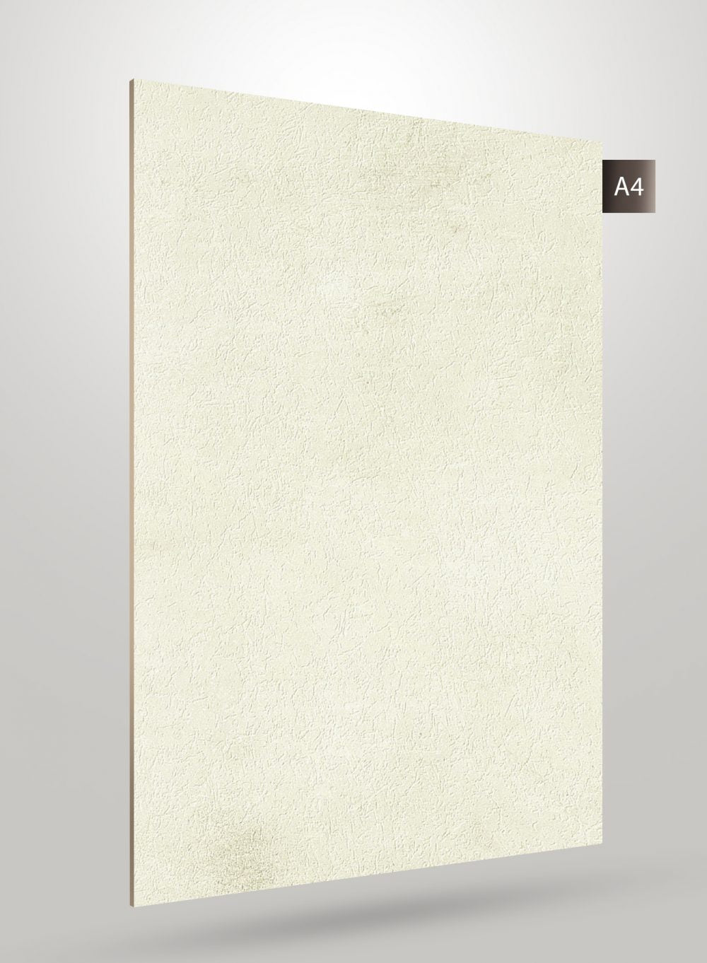 Matte beige laminate sheet with textured finish and subtle pattern, angled to show thickness against a grey background.