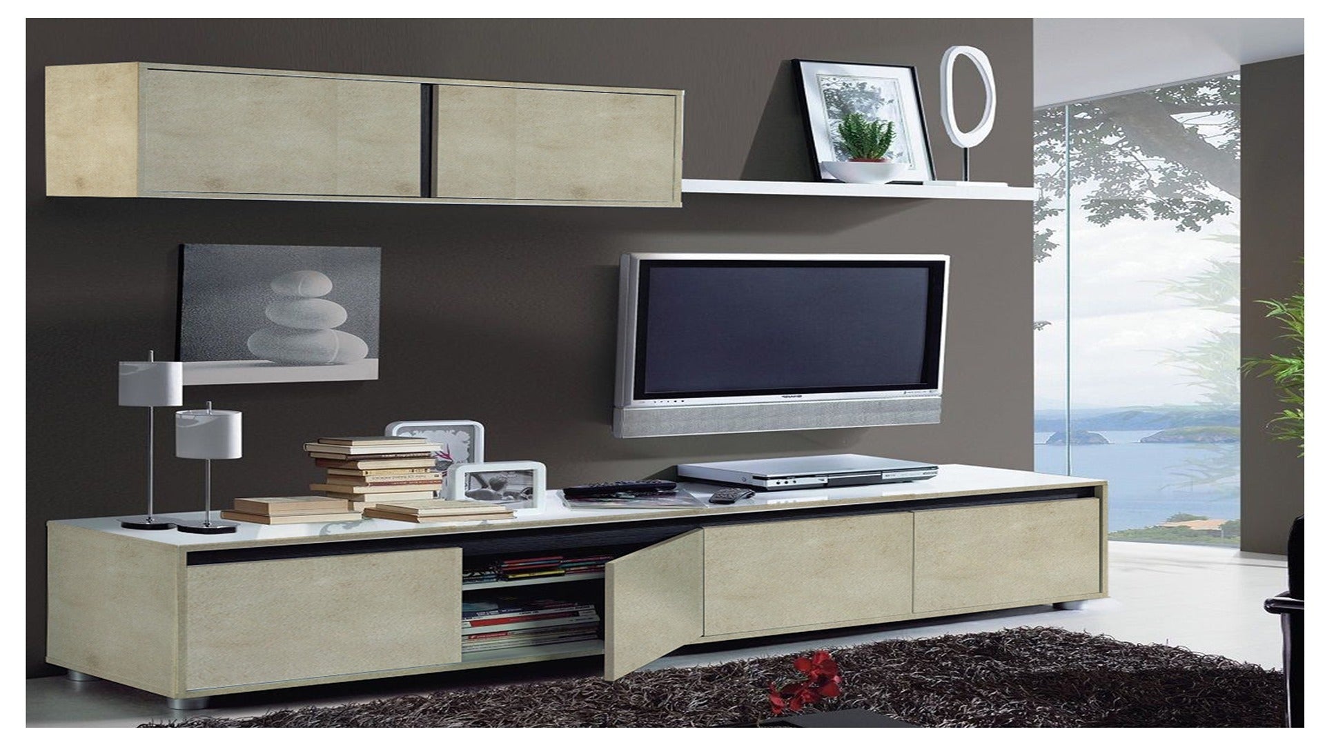 Multicolour marble laminate furniture in modern living room with TV unit and decorative items on textured beige surface.
