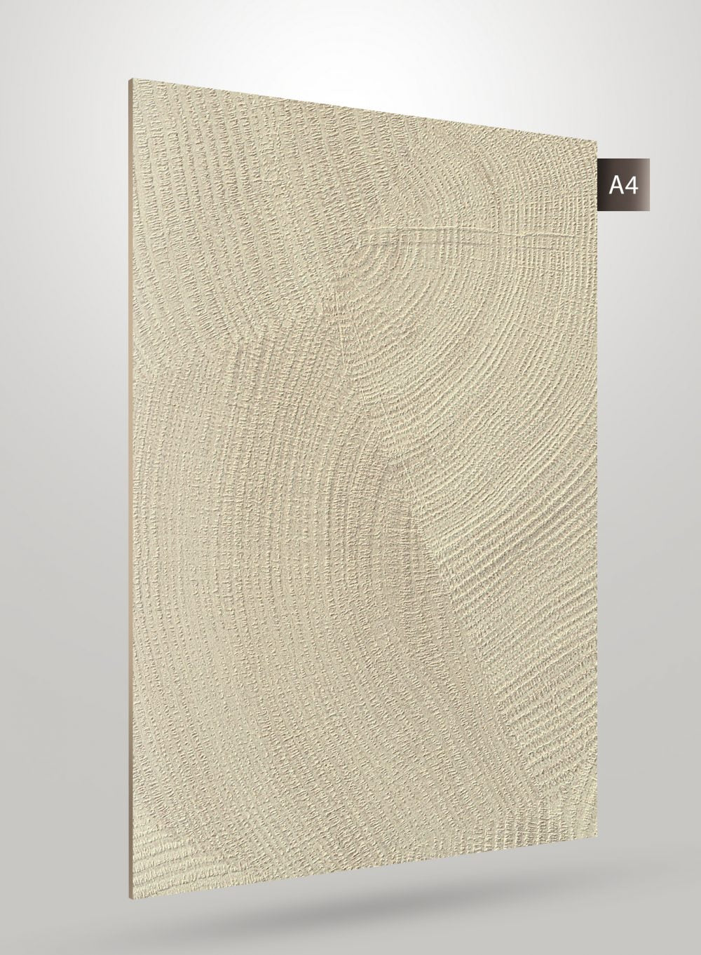 Matte beige wood laminate with textured wood grain pattern and visible growth rings, showcasing a natural wood appearance.