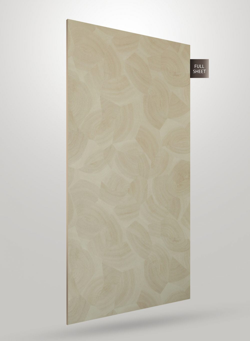Multi-coloured wood grain laminate sheet with matte finish and textured pattern on a plain background with full sheet label.