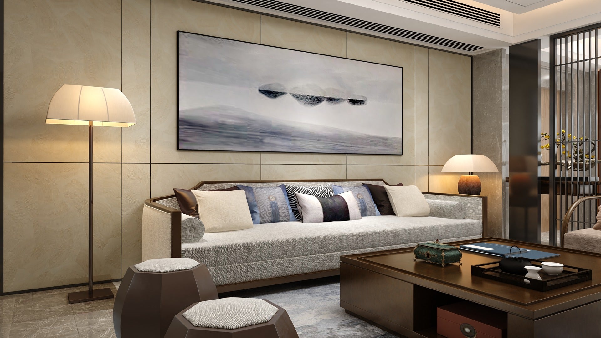 Wood laminate wall with matte finish and wood grain pattern in a modern living room setting with furniture and decor.