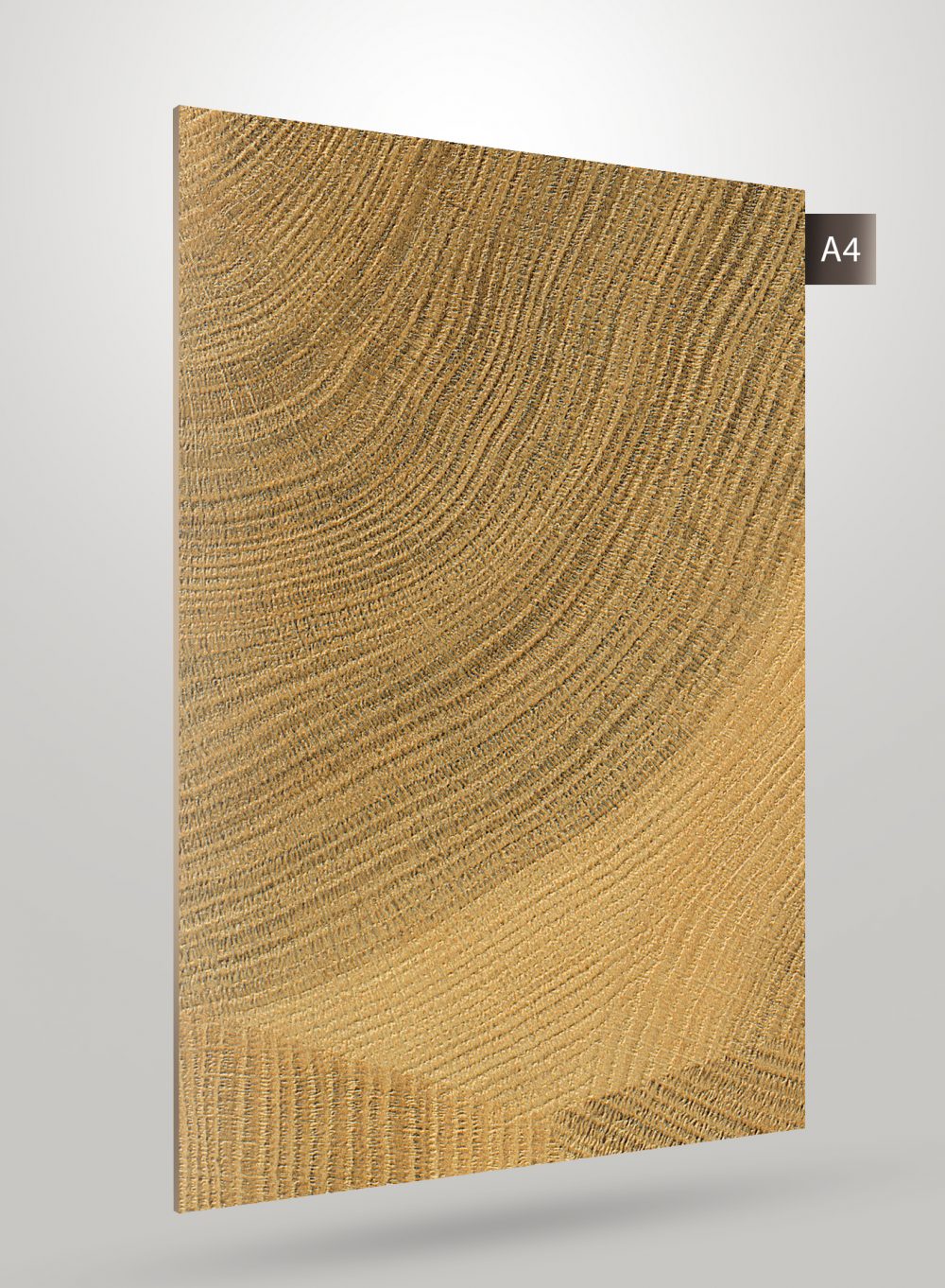 Brown wood grain decorative laminate with textured finish and visible wood pattern, matte sheen, angled view.