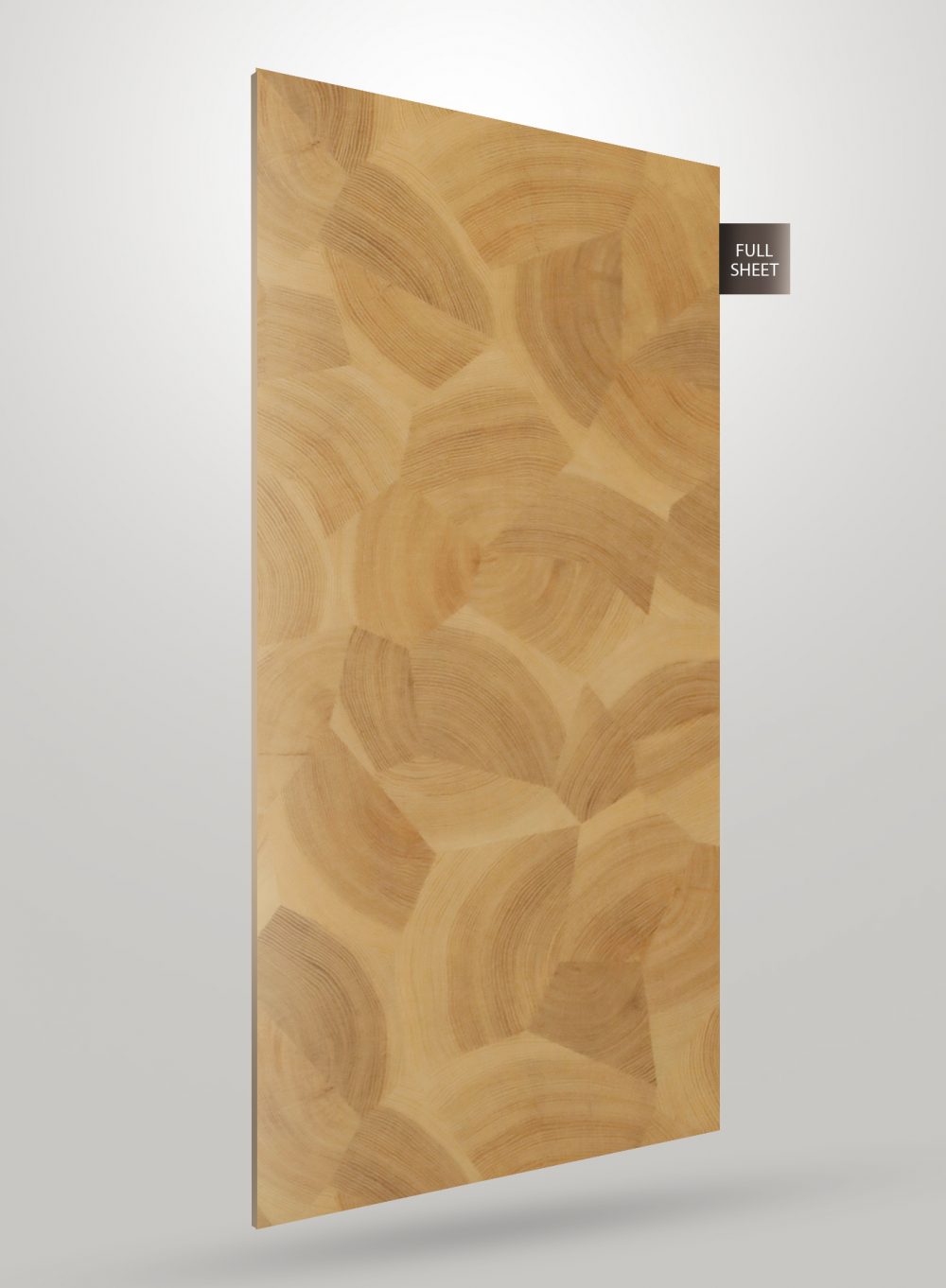 Light brown wood grain decorative laminate with circular pattern and matte finish on a full sheet.