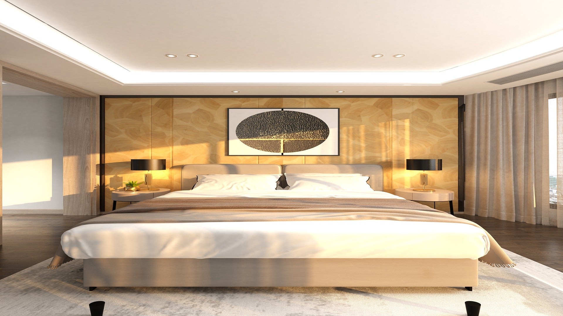 Wooden laminate wall with matte finish and wood grain pattern in a modern bedroom setting with bed and nightstands