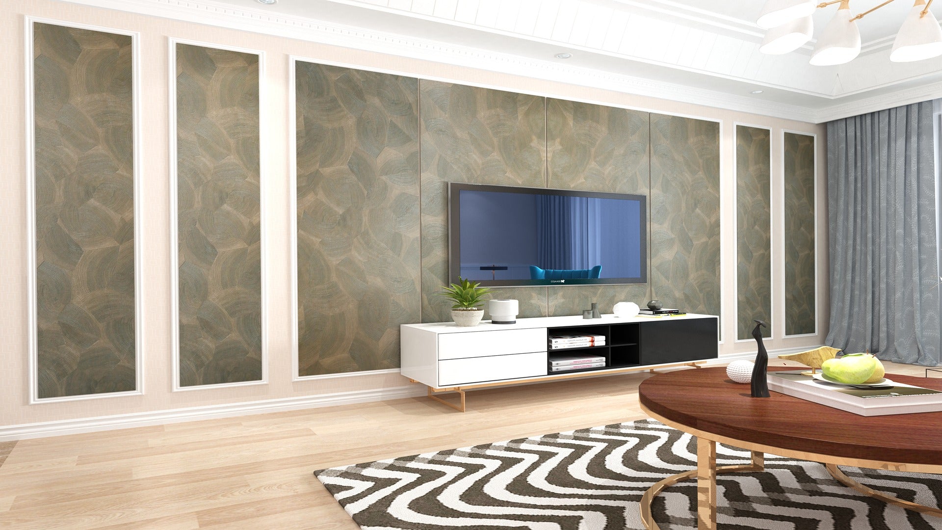 Multi-colour wood laminate with abstract pattern on wall panels in modern living room with minimalist decor and furniture.