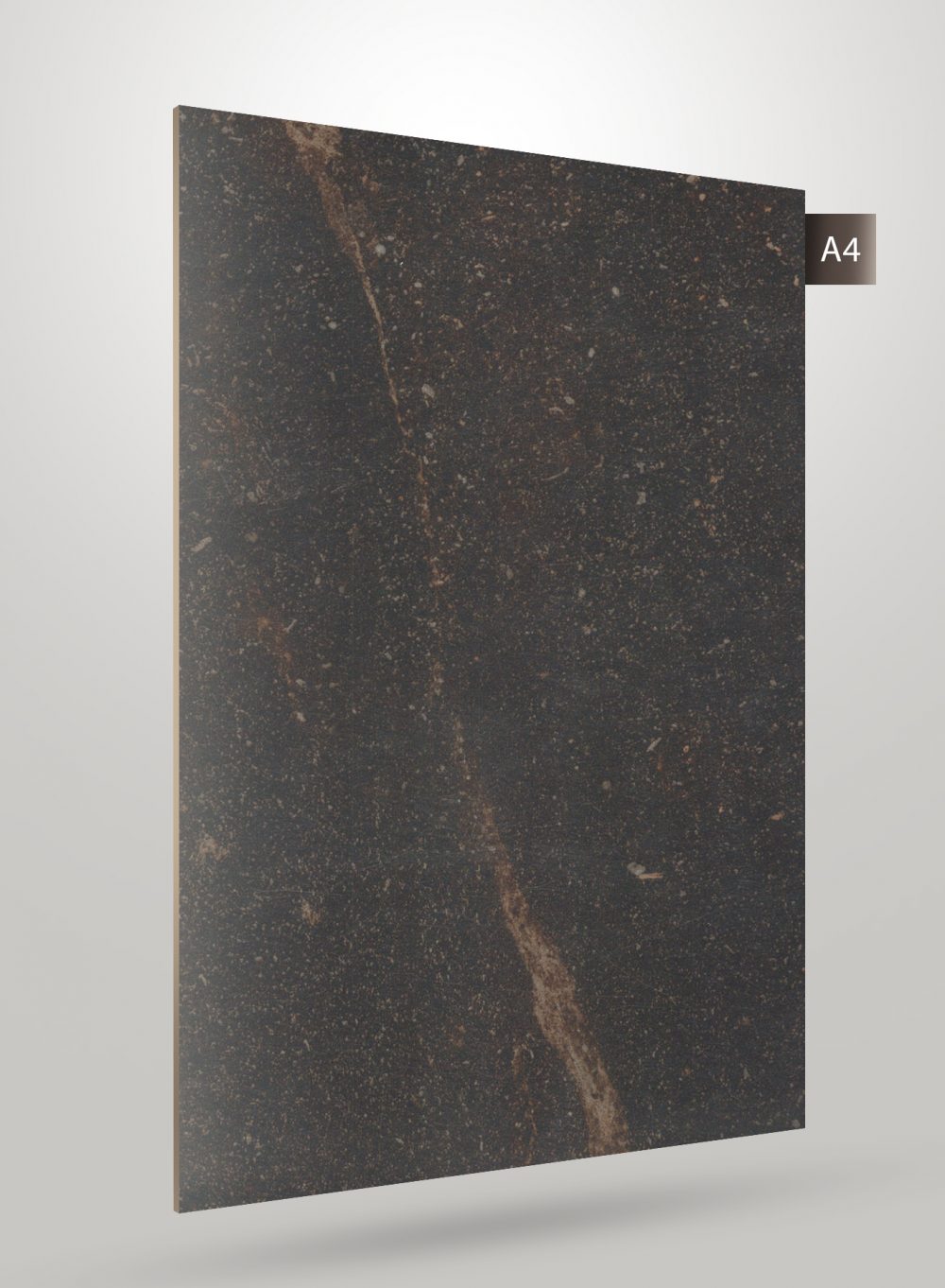 Dark brown marble laminate with gold veining and speckles, matte finish, decorative stone pattern.