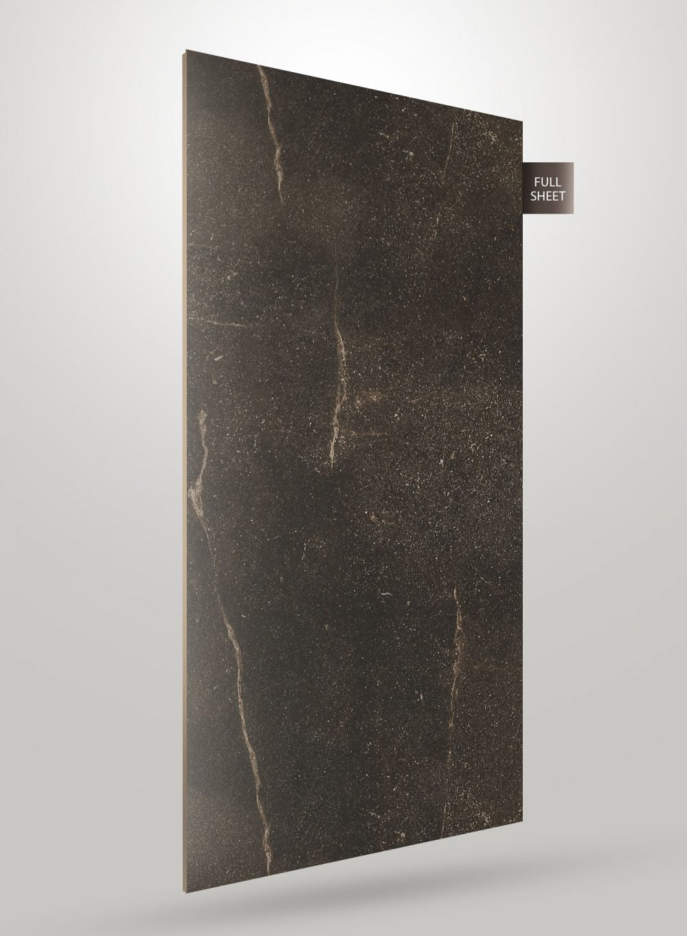 Dark brown marble laminate sheet with beige veining and matte finish, shown at an angle with full sheet label.