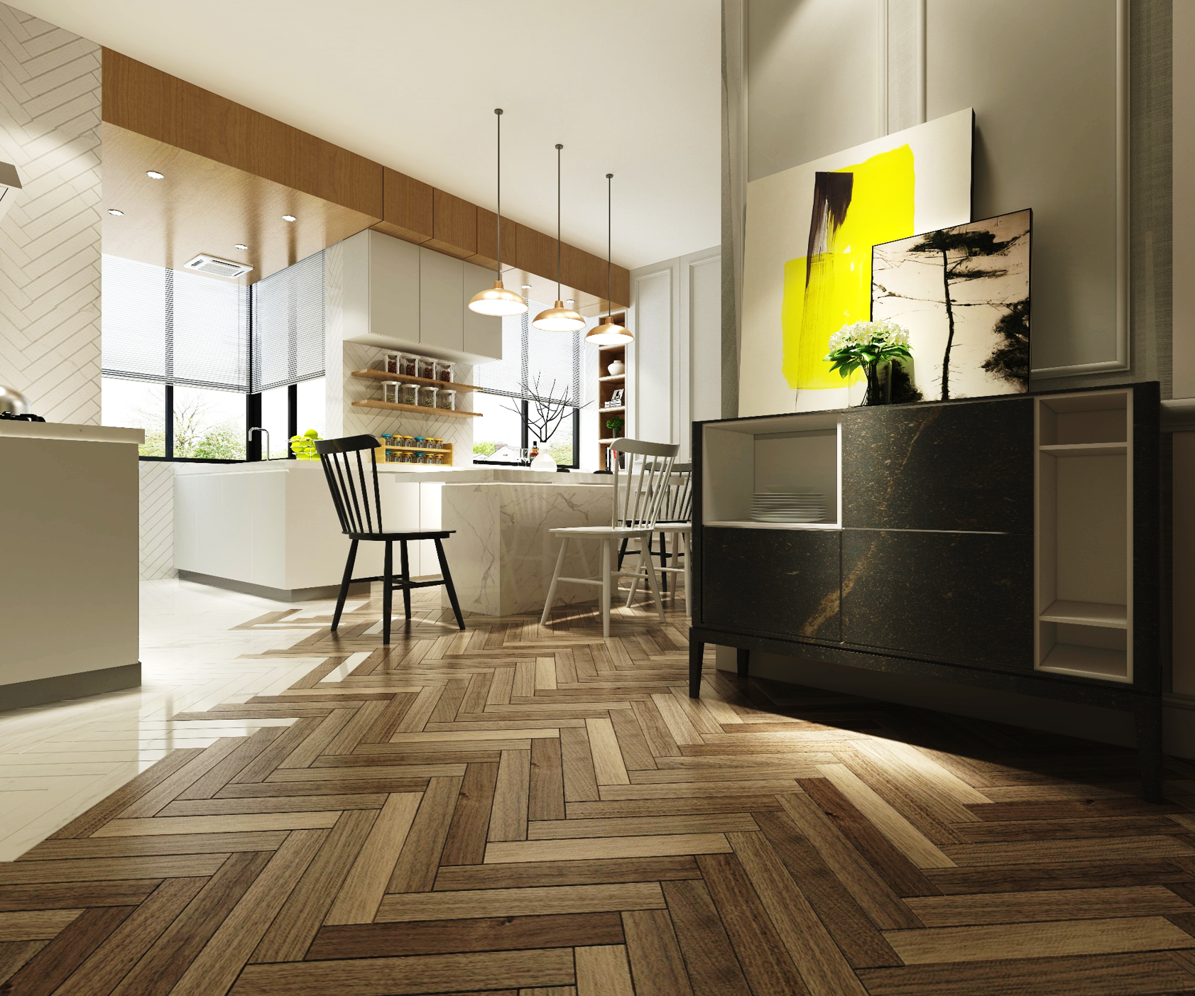 Marble laminate kitchen countertop and dark brown herringbone wooden floor in modern interior with minimalist decor and