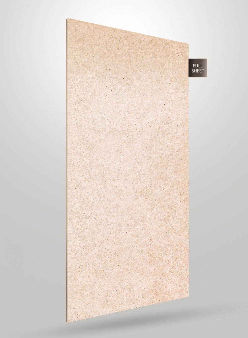 Beige stone laminate sheet with speckled texture and matte finish, labeled full sheet on a gray background.