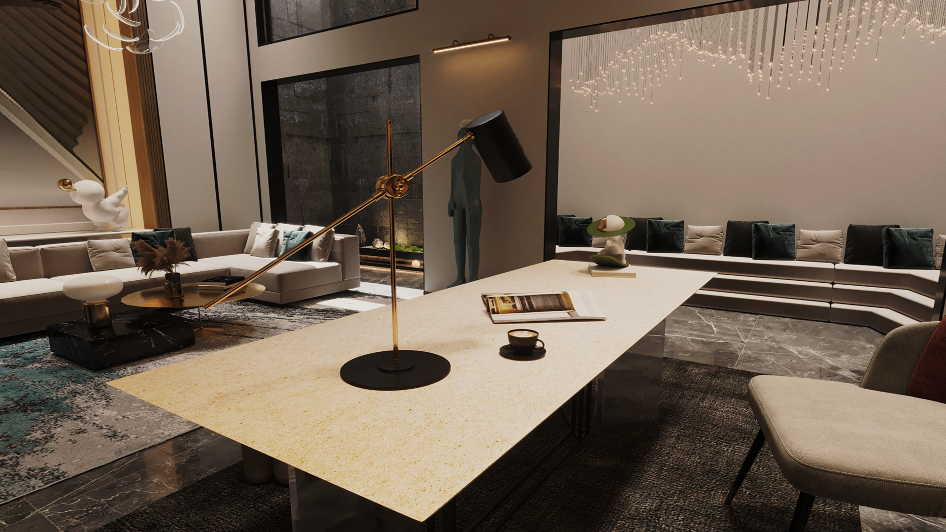 Beige marble laminate table top with matte finish in modern living room setting with minimalist decor and neutral color
