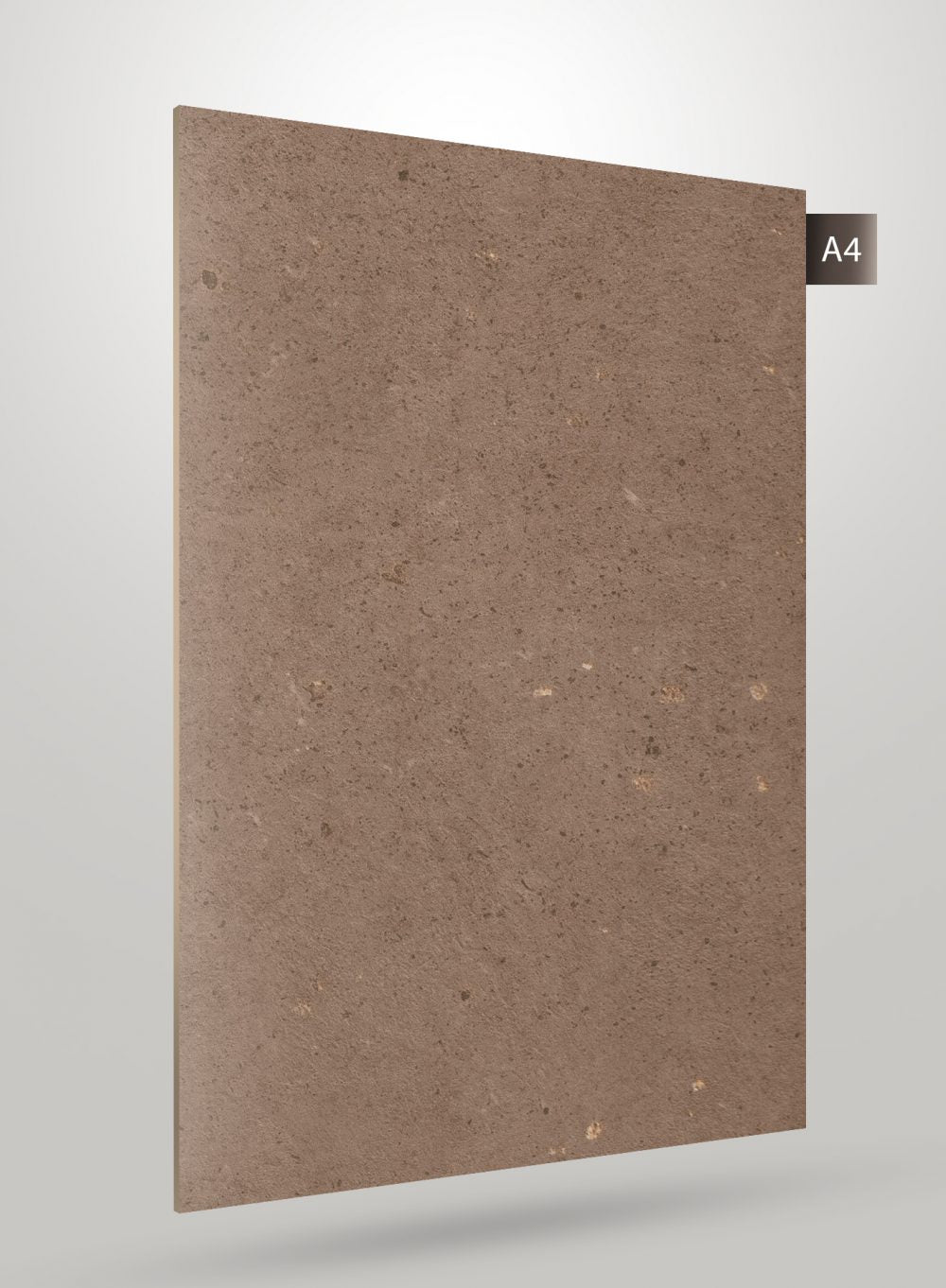 Brown matte decorative laminate with stone pattern and speckled texture, showing subtle variations in tone and texture.