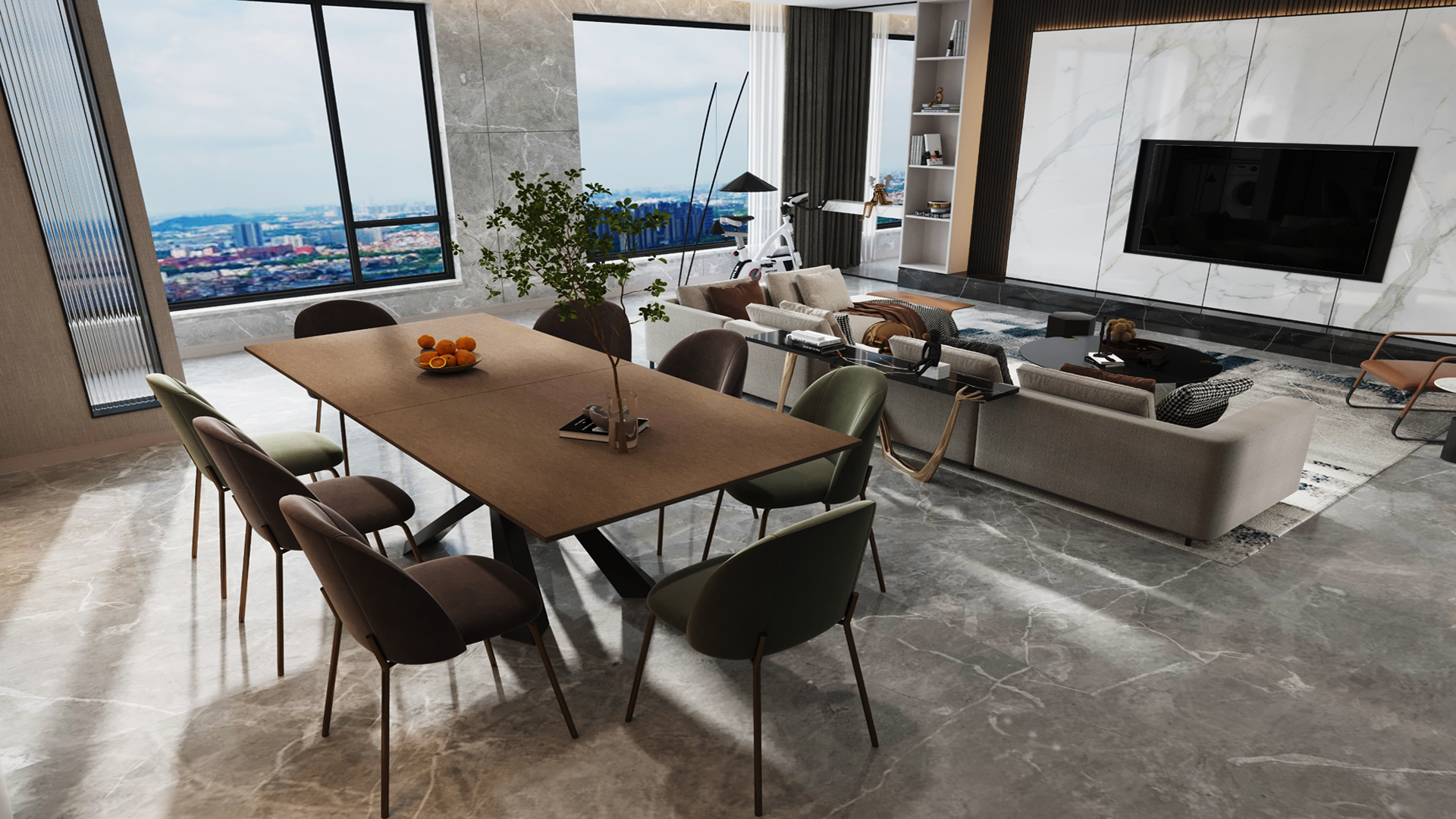 Brown matte laminate flooring and wall cladding in modern living room with dining table and furniture.