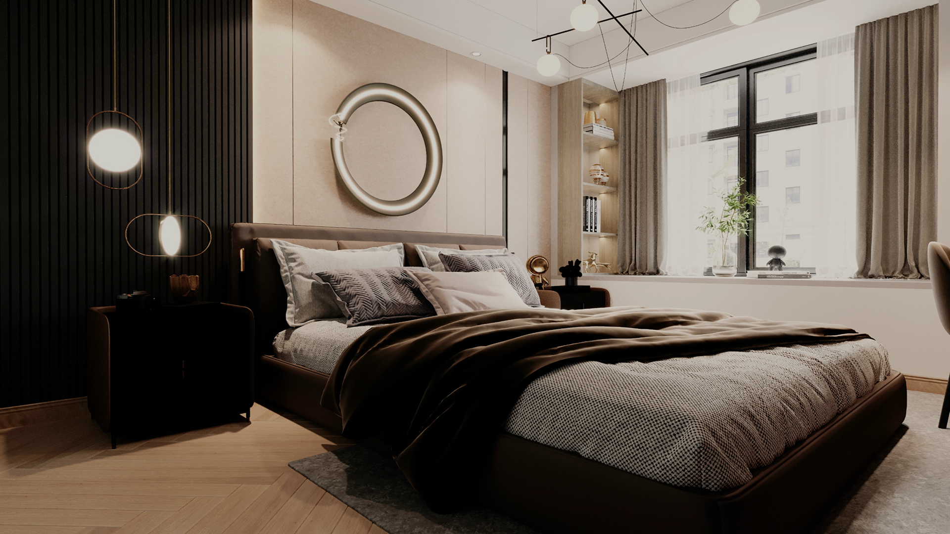 Multi-colour marble laminate wall in modern bedroom with dark accents and soft lighting creating a cozy atmosphere.