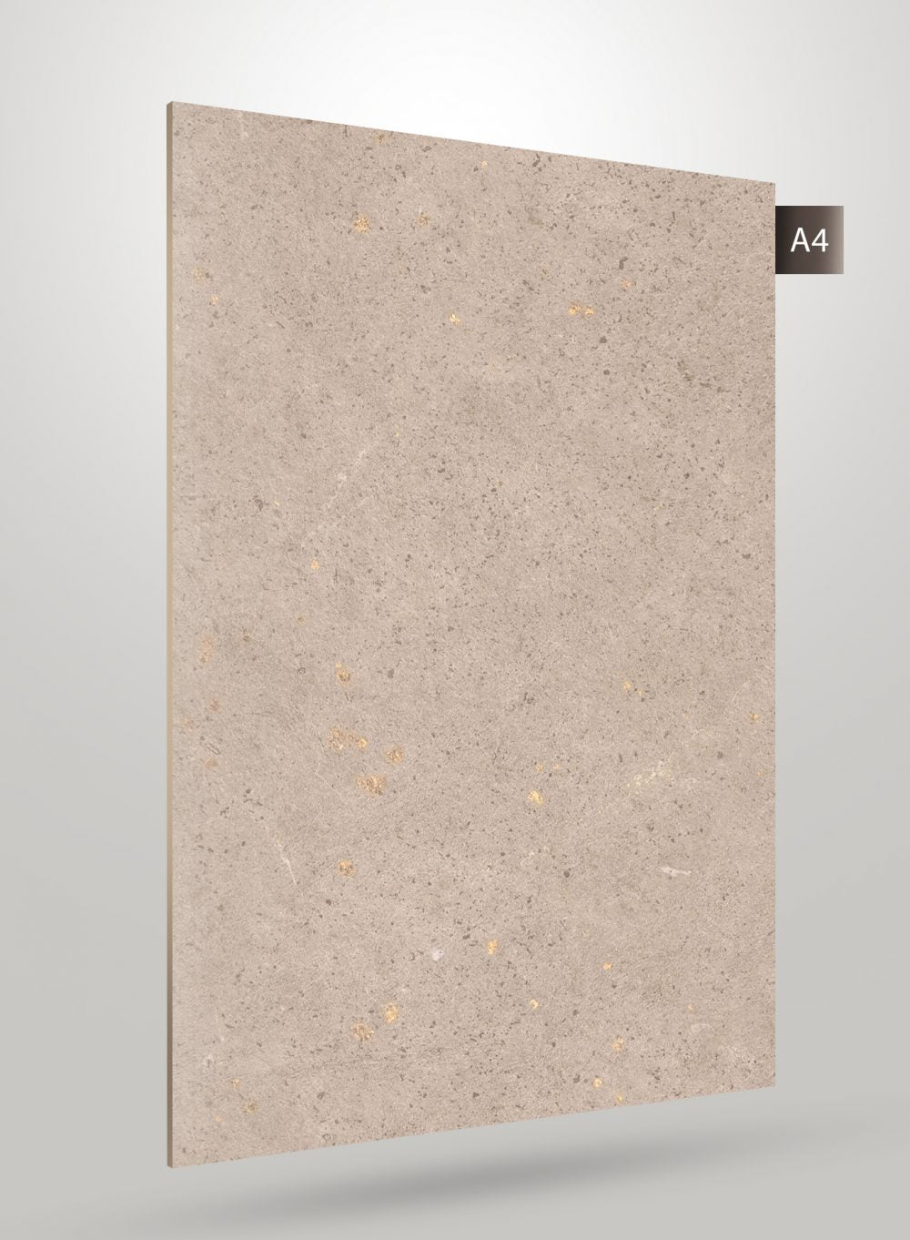 Beige stone laminate with gold flecks and matte finish, displaying speckled texture and subtle pattern variation on a sample