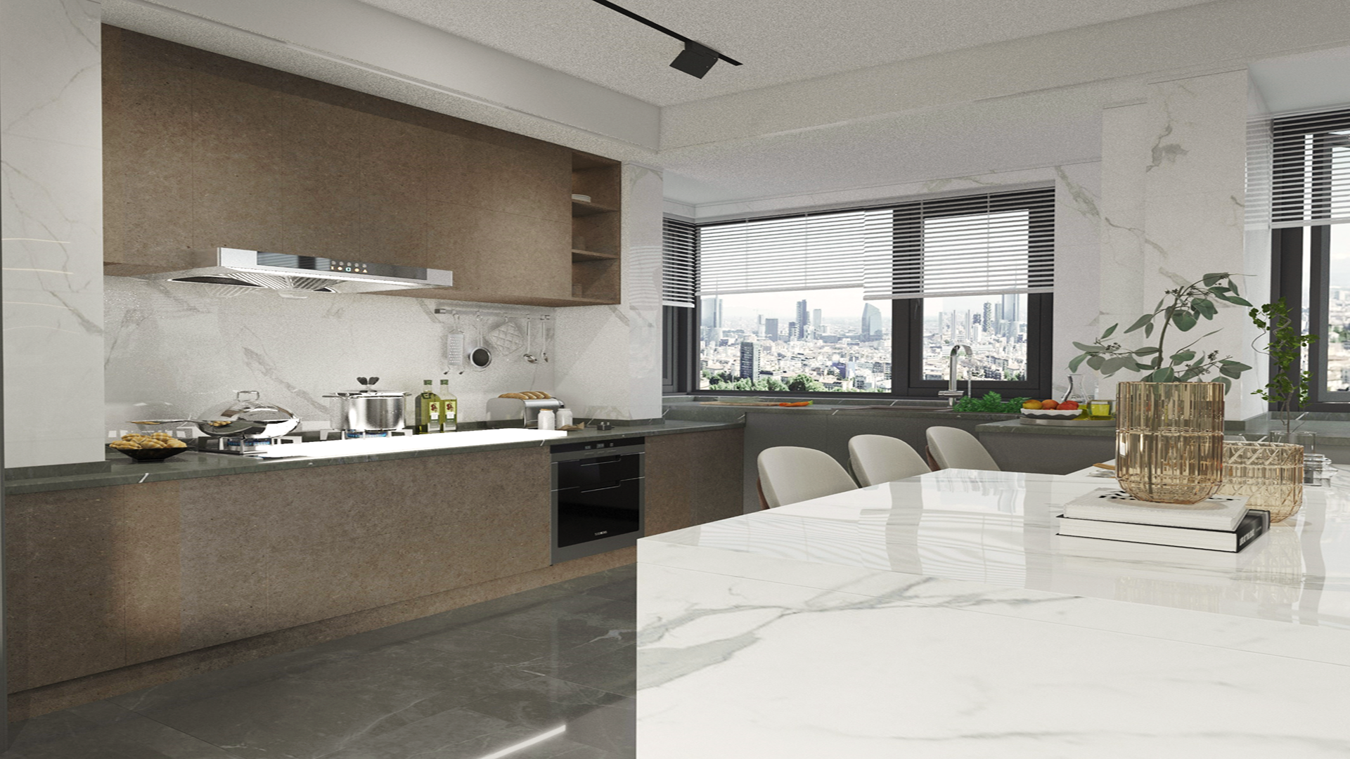 Multi-colour marble laminate with matte finish and veining pattern used on kitchen countertops and cabinets in modern