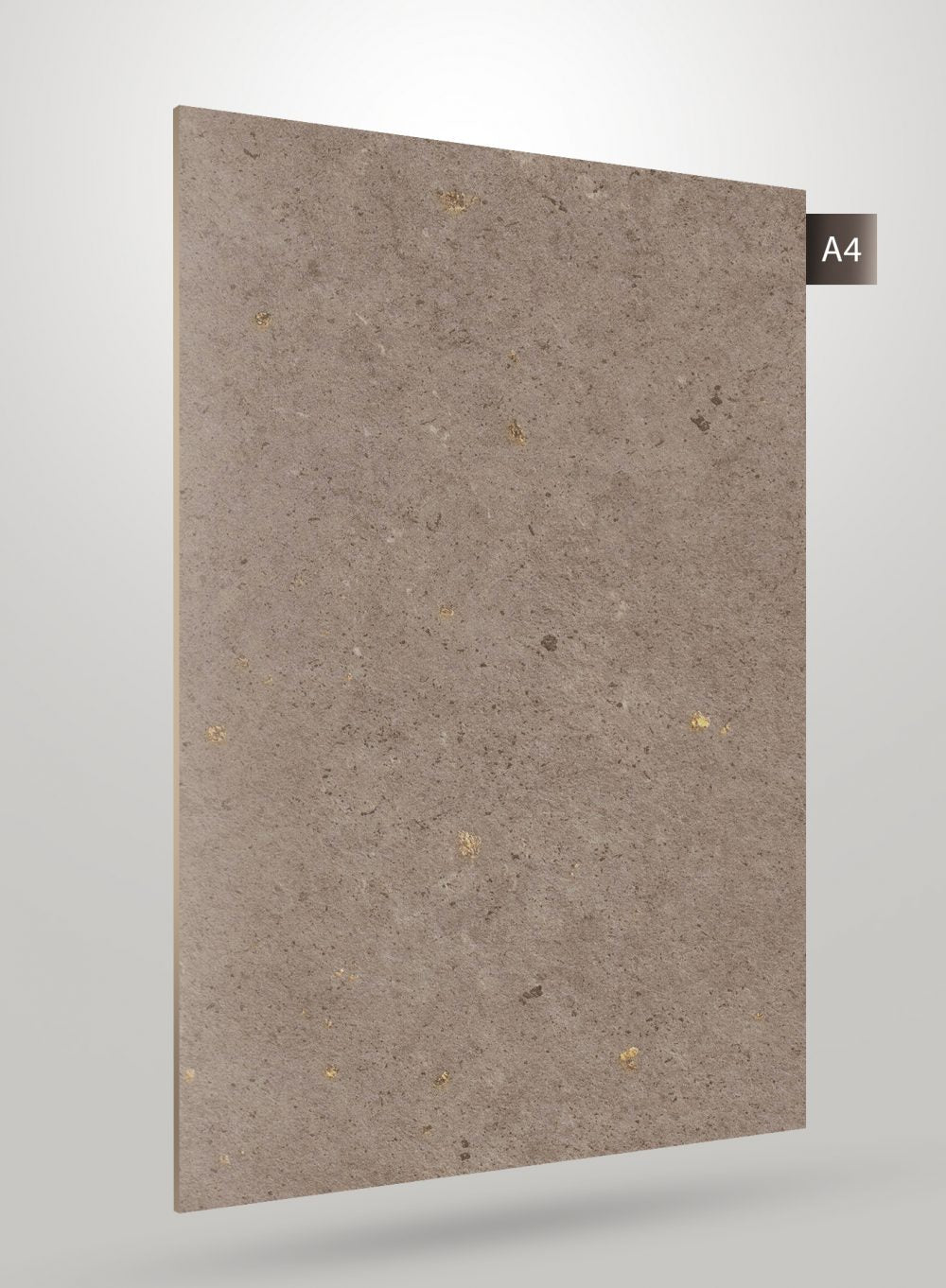 Beige stone laminate with gold flecks and matte finish, speckled texture visible on rectangular sheet.