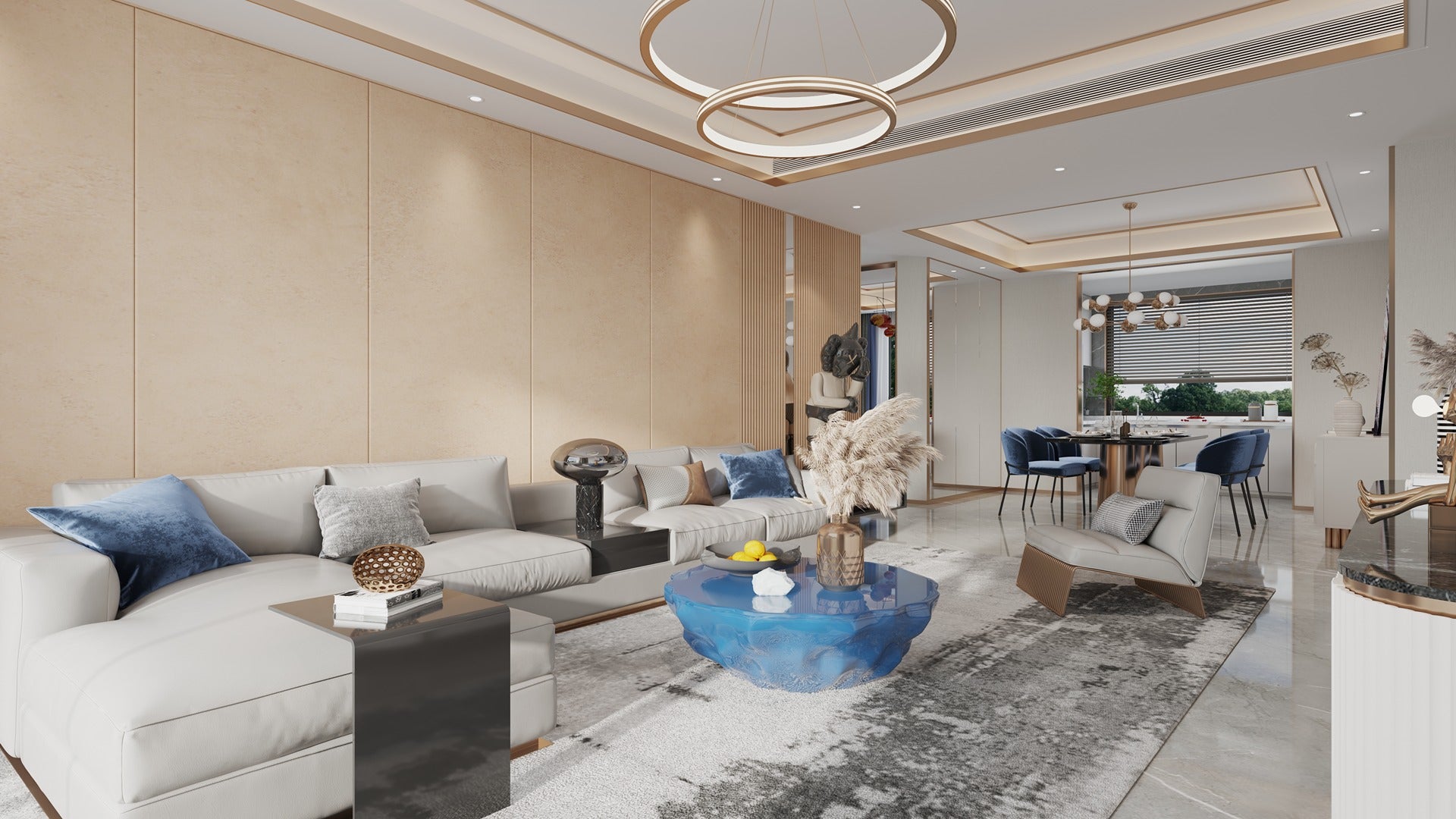 Beige matte laminate wall panels with subtle texture in modern living room interior design with minimalist furniture and