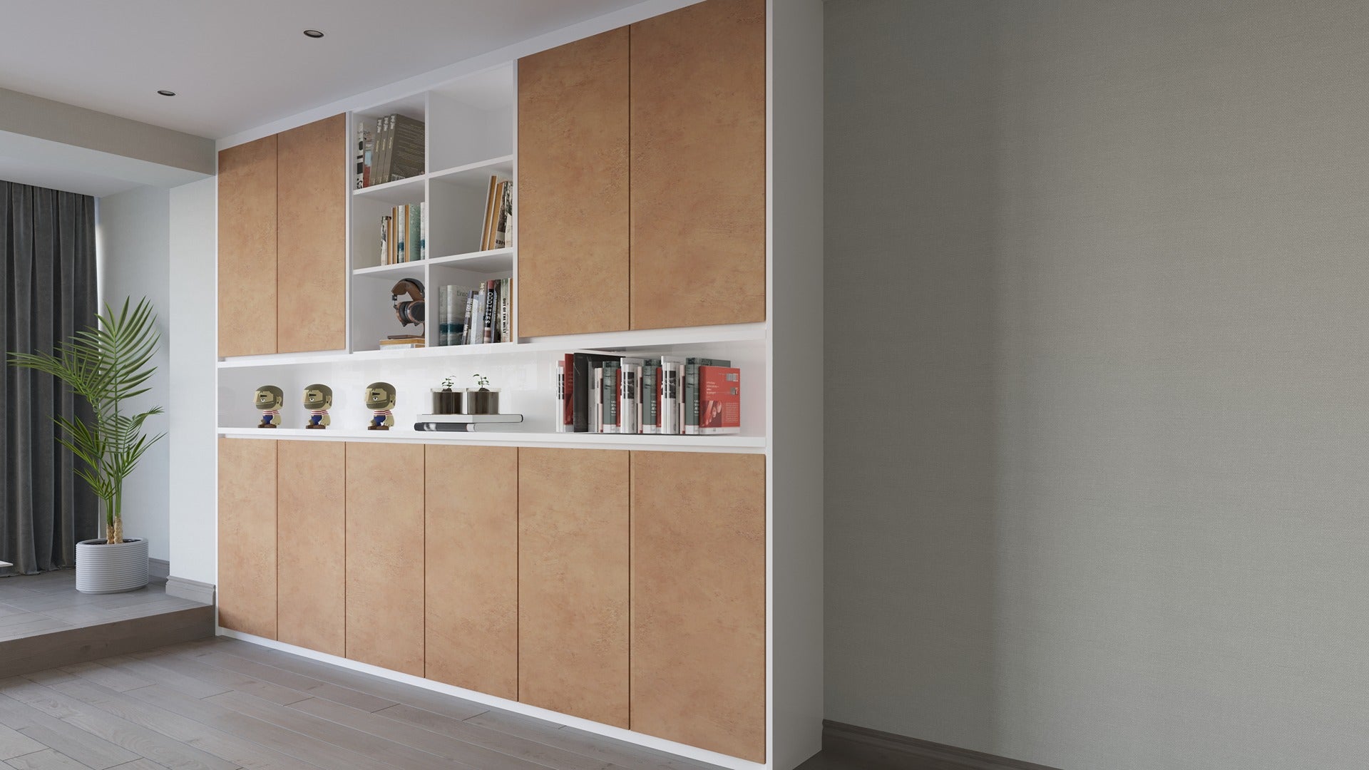 Brown matte stone laminate used on built-in shelving units in a modern minimalist room with decorative items and books.