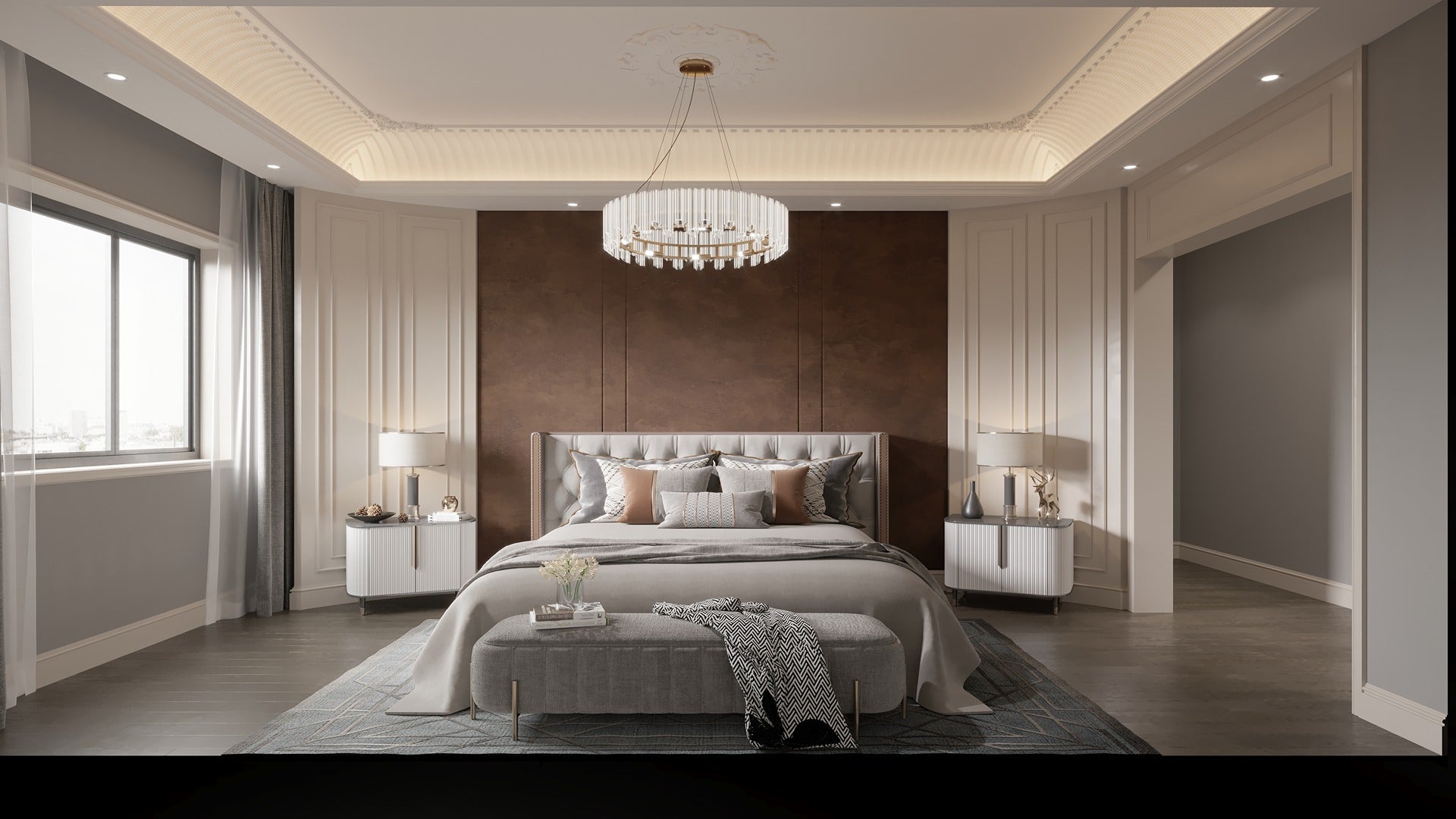 Multi-colour marble laminate wall with matte finish in a modern bedroom setting with luxurious furniture and decor.
