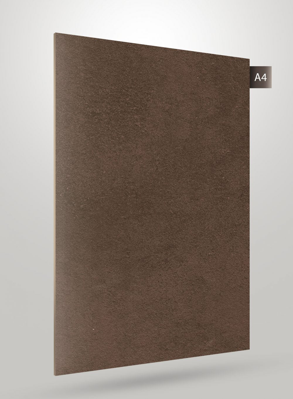 Brown matte stone laminate sheet with textured surface and subtle speckles, labeled A4 on corner tab.