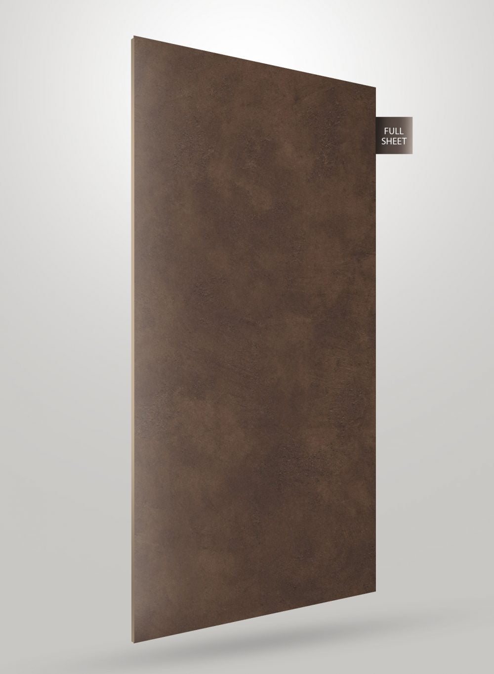 Brown matte stone laminate sheet with subtle texture and mottled pattern, displayed at an angle with full sheet label.