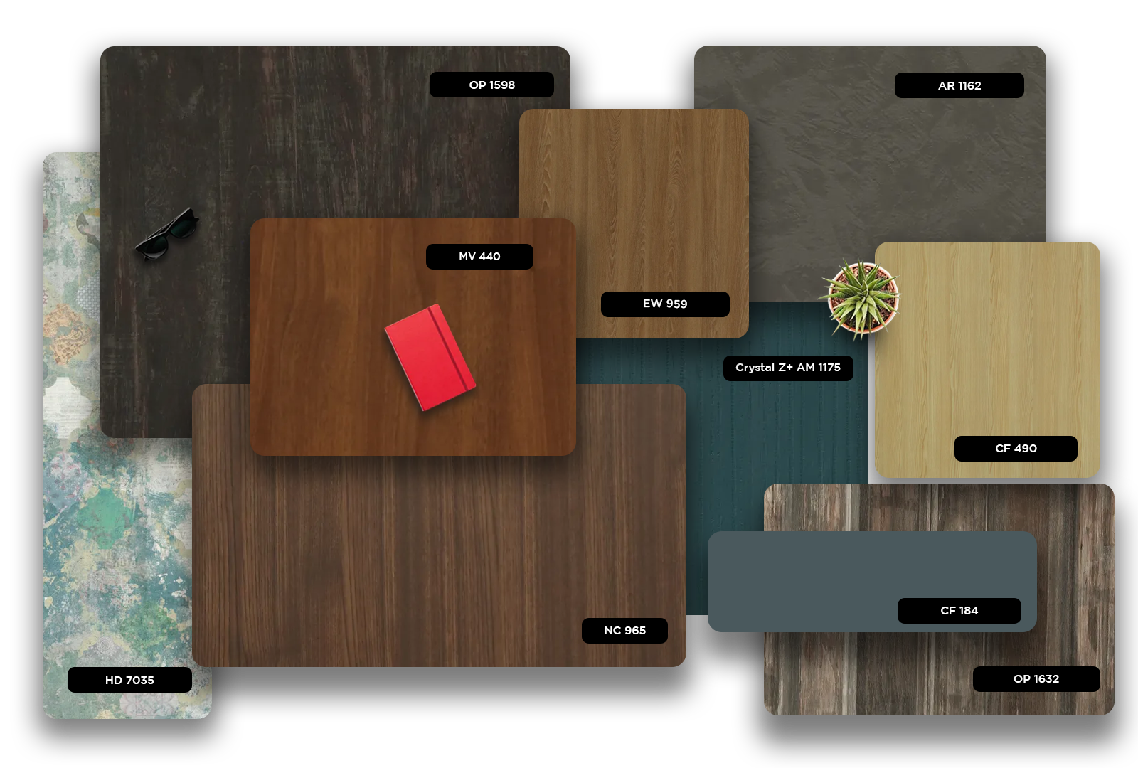 Multi-coloured wood grain laminate with matte finish and various texture samples displayed together in a collage.