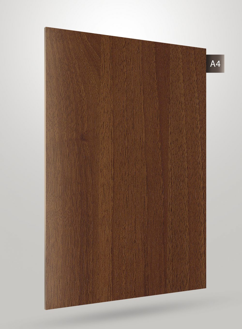 Brown wood grain decorative laminate with matte finish and visible wood texture, vertical grain pattern on rectangular sheet.