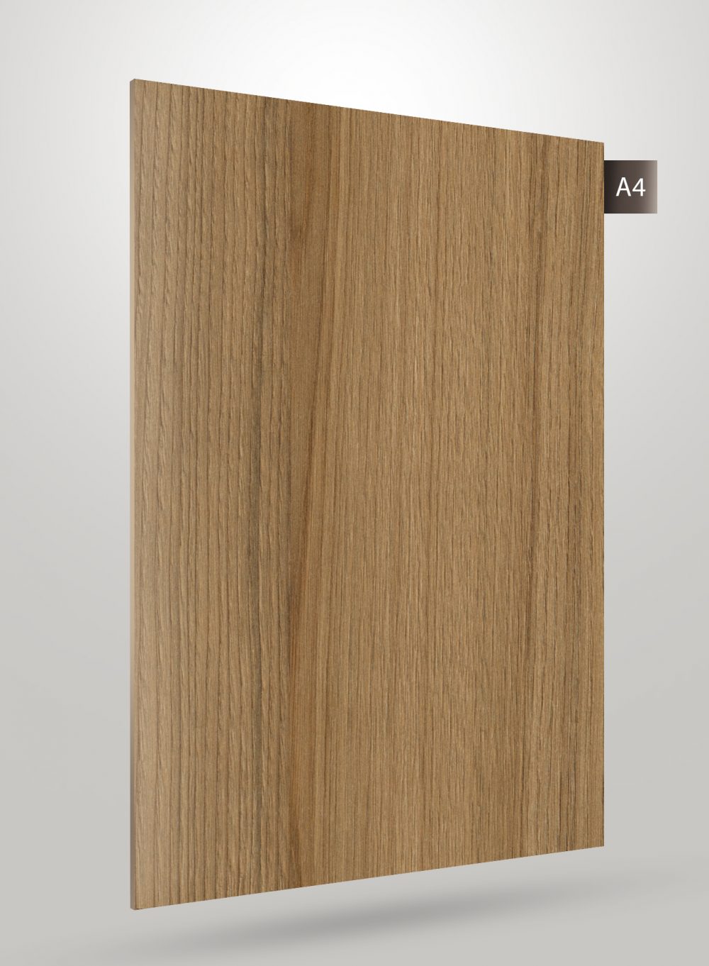 Brown wood grain decorative laminate with matte finish and vertical wood texture pattern on a white background