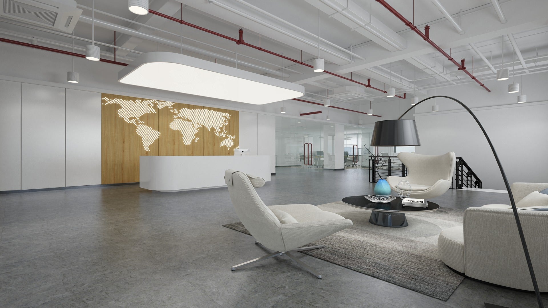 Wood laminate wall with world map design in modern office reception area with minimalist decor and sleek furniture.