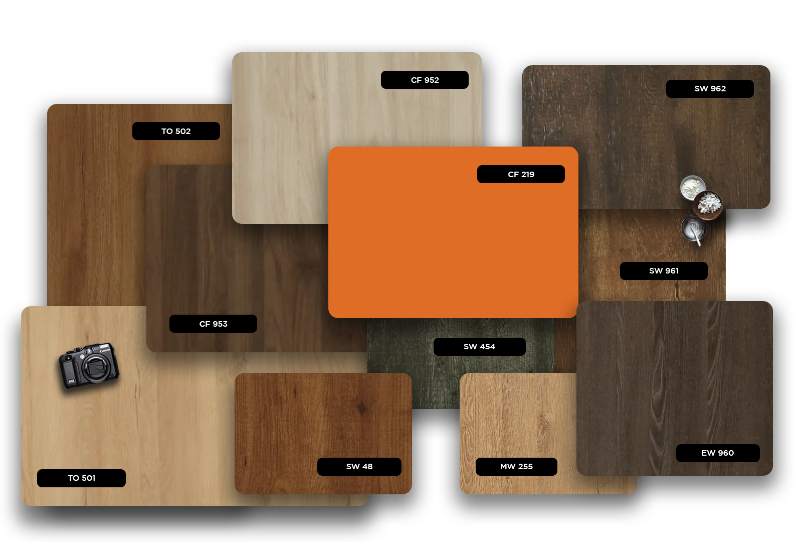 Multi-coloured wood grain laminate samples with matte finish, showcasing various wood textures and shades in a collage.
