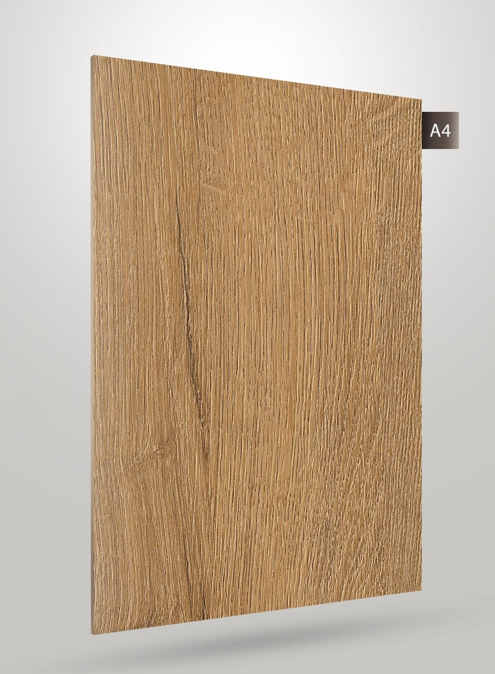 Brown wood grain decorative laminate with matte finish and textured surface, showing vertical wood pattern and subtle grain
