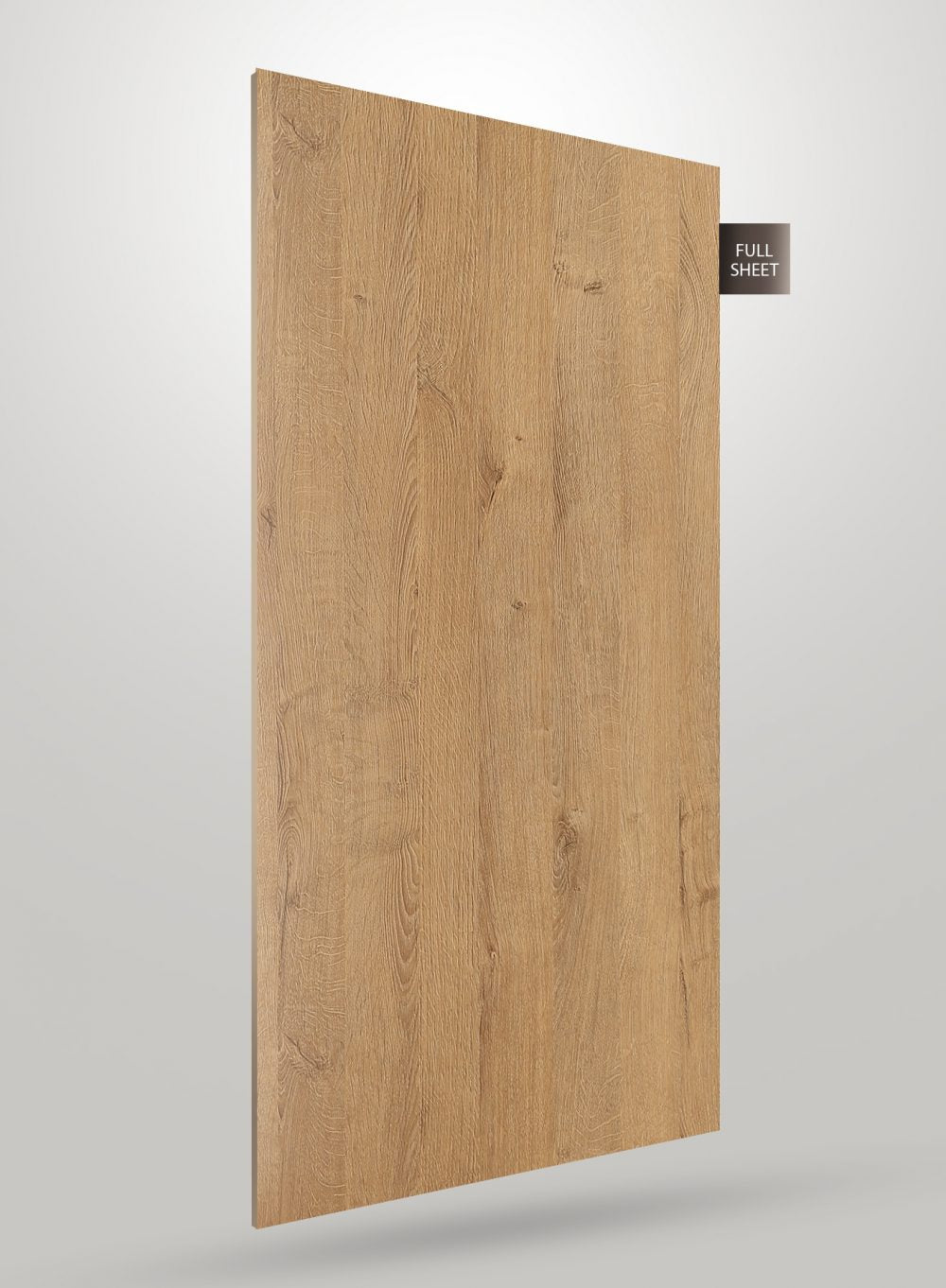 Wood grain decorative laminate with matte finish and visible texture, labeled full sheet.