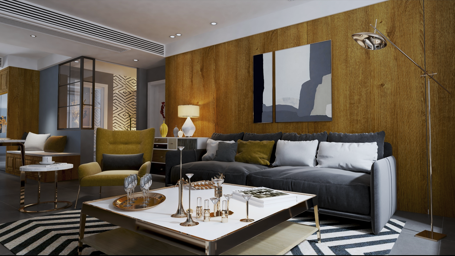 Wood laminate wall with matte finish and wood grain texture in a modern living room setting with furniture and decor