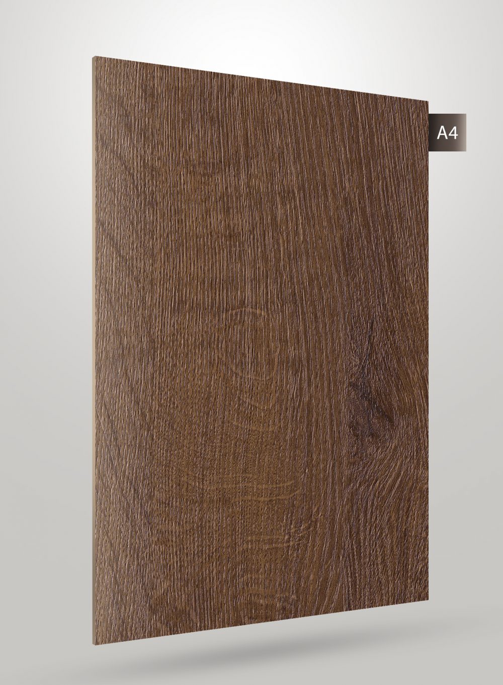 Brown wood grain decorative laminate with matte finish and visible wood texture, labelled A4.