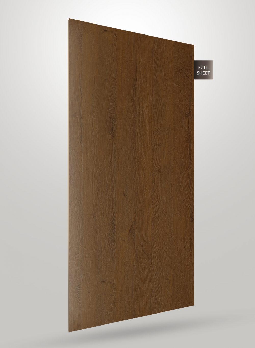 Brown wood grain decorative laminate sheet with matte finish and visible wood texture and knots, labeled full sheet.