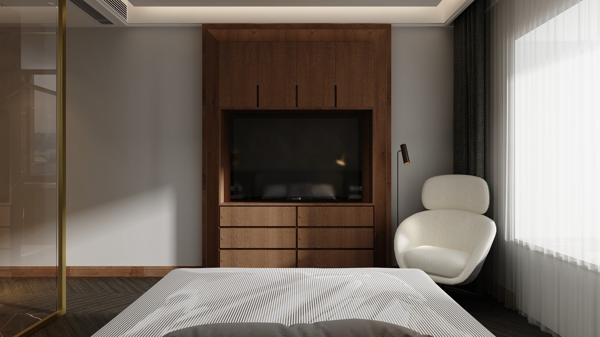 Wood laminate cabinet and flooring in modern bedroom with matte finish and wood grain texture visible on dark brown surface