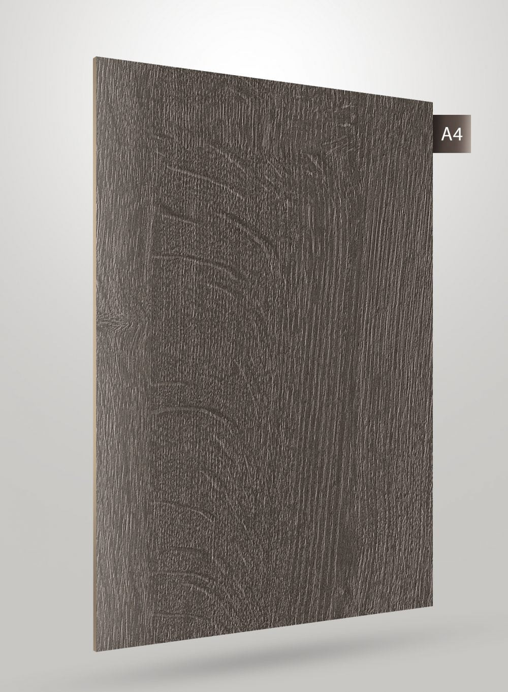 Grey wood grain decorative laminate with matte finish and textured surface, showing wood pattern and subtle grain details.