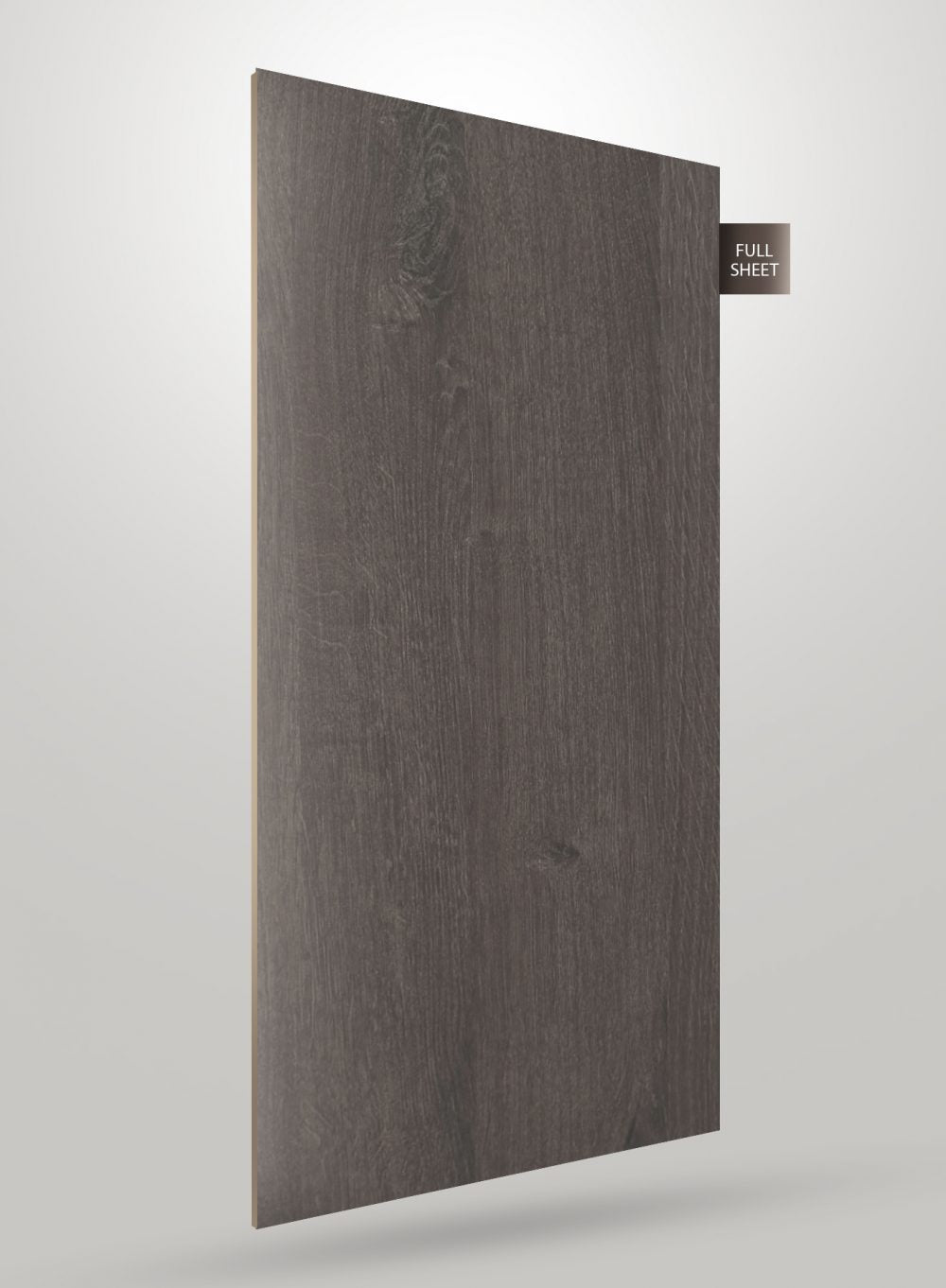 Grey wood grain decorative laminate sheet with matte finish and visible texture, labeled full sheet.