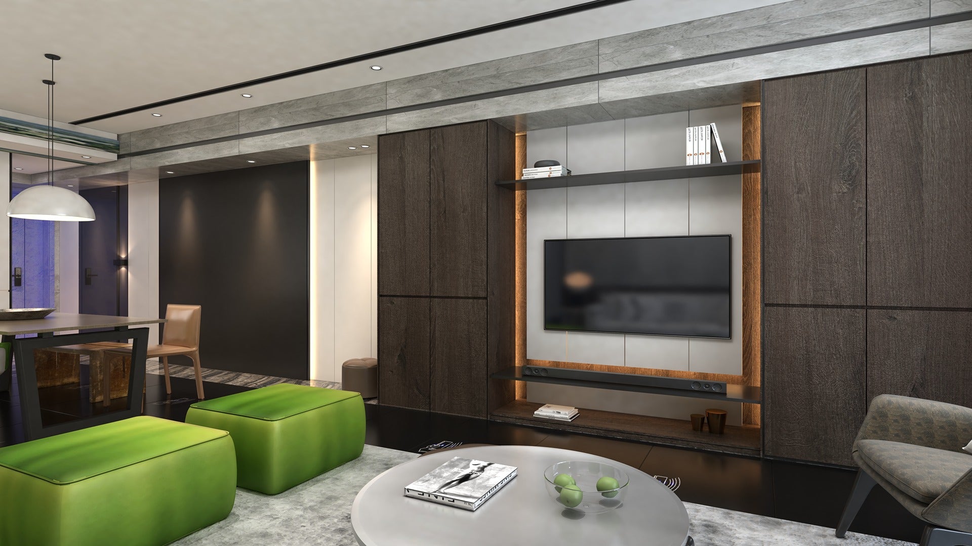 Dark wood laminate wall with wood grain texture and matte finish in modern living room interior