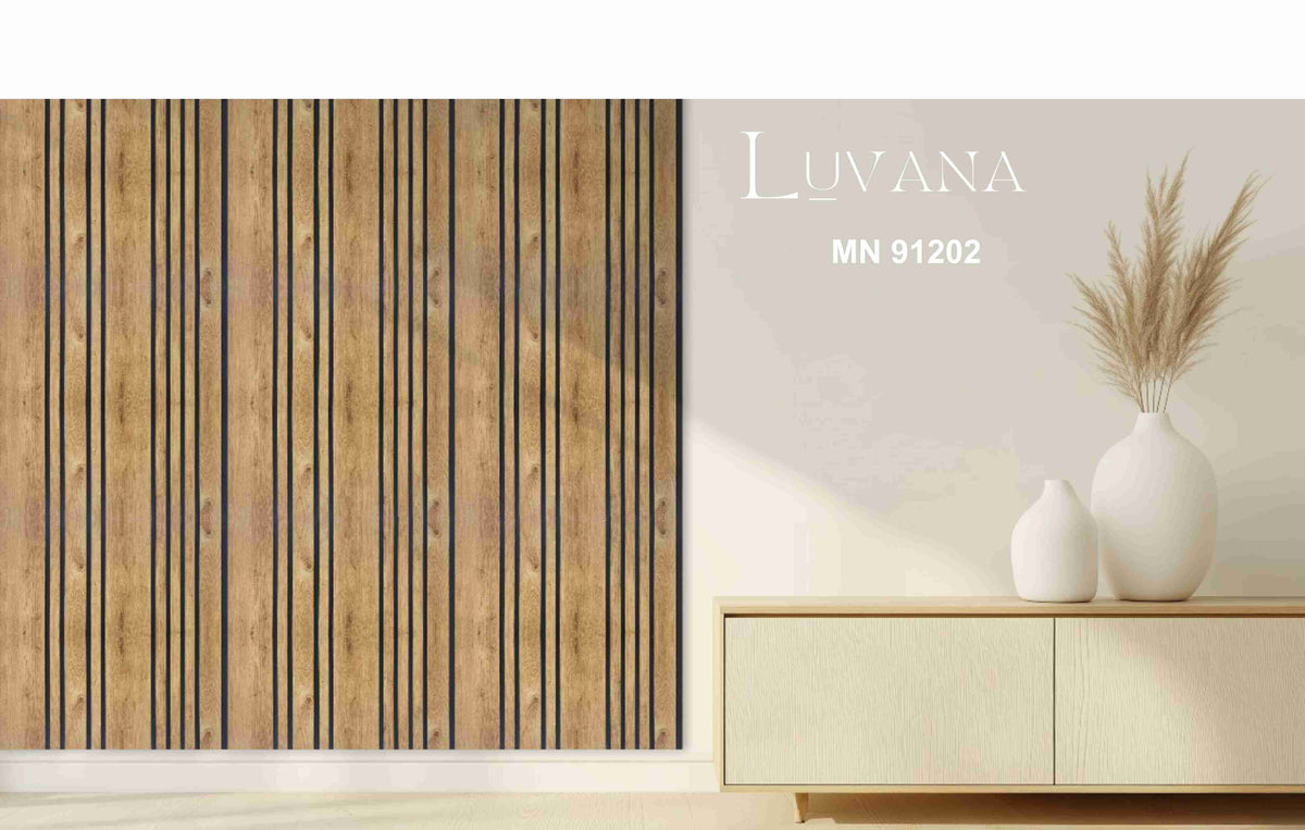 Honey oak wood-grain louver with mixed-width slats and black grooves MN-91202