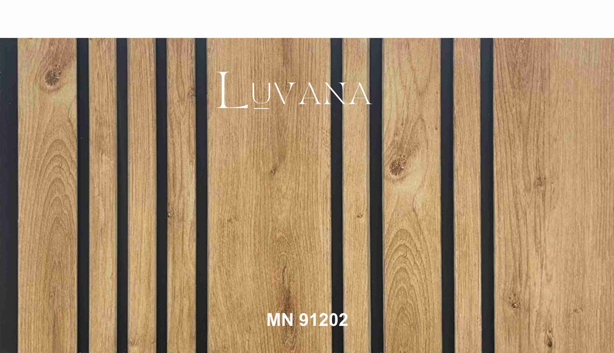 Honey oak wood-grain louver with mixed-width slats and black grooves MN-91202