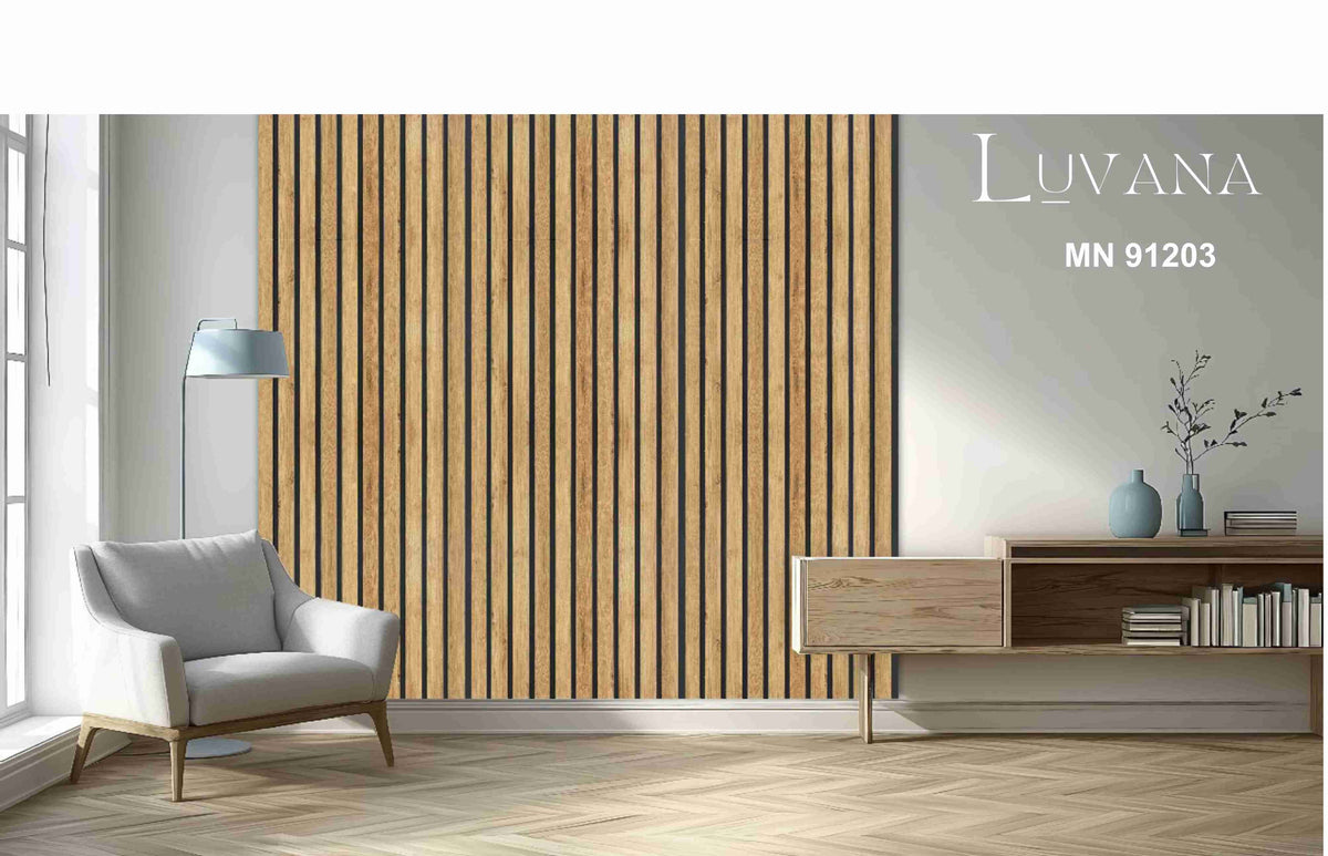 Luvana honey oak wood-grain louver panel with black grooves, MN-91203