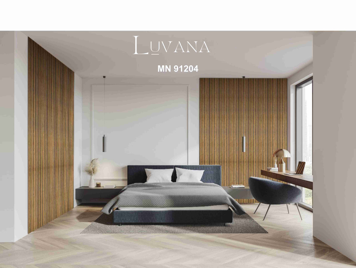Luvana wide oak wood-grain louver panel with black grooves, MN-91204
